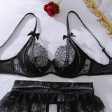 Ellolace Willowy Women's Lingerie Sets Luxury Sequin Bra Belt Thong 3PC with Leg Circles Luxury Tulle Women Intimate Underwear