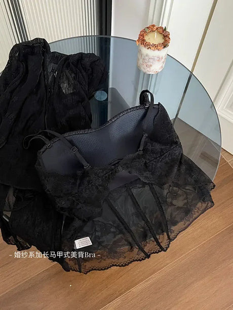 Women Elegant French Longline Lingerie, Lace Satin Wireless Bra, Push Up Sexy Open Back, Luxury Bridal Underwear Fit Small Bust