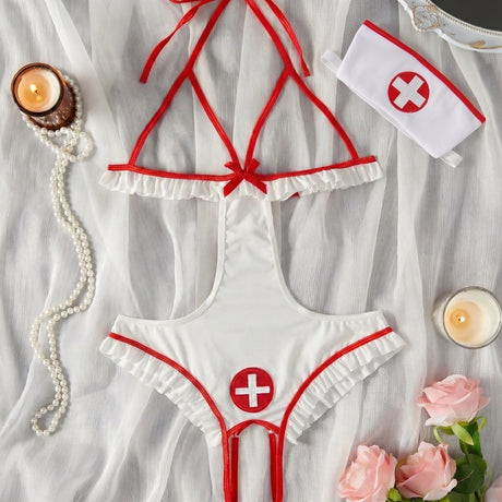 Nurse-Style Cosplay Lingerie Set, Maid-Style Hollow-Out Design Lingerie, Available in White and Black