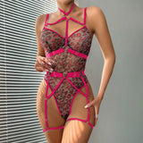 Leopard Print Strappy Bodysuit Blue Caged Harness Lingerie Sexy Mesh Sheer Teddy Underwire Erotic Lenceria Mujer