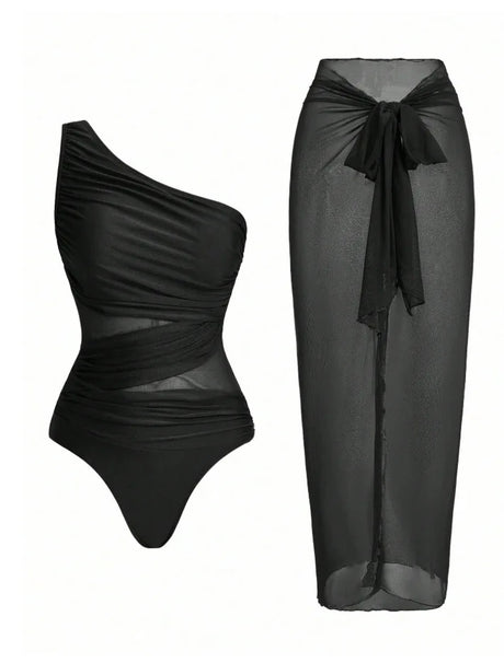 WackDaria 2026 Women Swimsuit One Piece With Mesh Cover Up Solid Color Swimwear Bathing Suit Купальник Maillot De Bain Femma