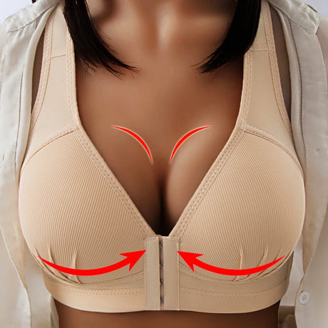 Women's Bra Wire-Free Front Closure Solid Color Full Coverage Fixed Cups Push up Brassiere Gather Bra Shockproof Underwear