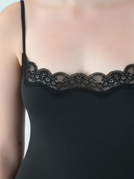 Square Neck Spaghetti Strap Bodysuits Lace Trim Women Sleeveless Slimming Bodycon Jumpsuit Romper