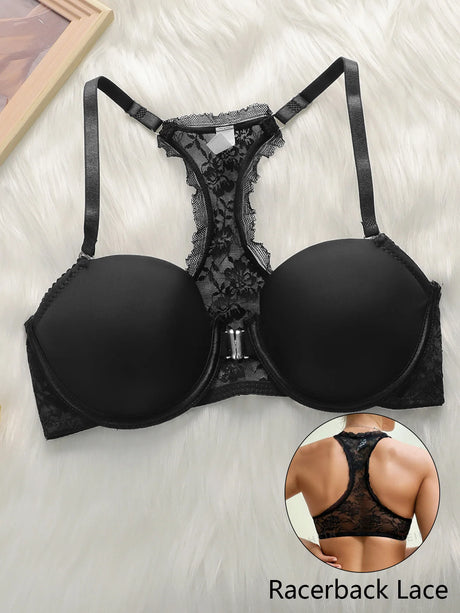 Women Sexy Lace Racerback Bra Front Closure Push Up Underwire Brassiere Adjustable Thin Strap Beauty Back Everyday Support Bra