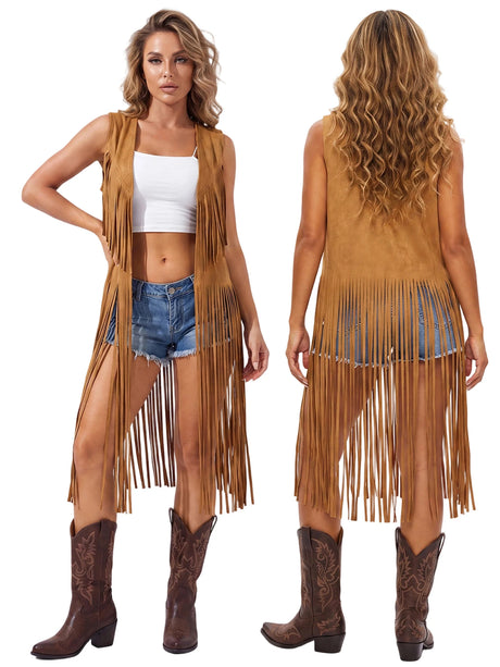 Women's Tassel Long Vest Fashionable Western Style Solid Color Open Front Cowgirl Sleeveless Jacket