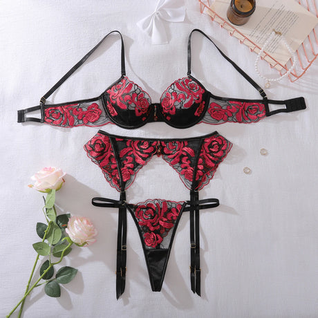 Heavy Crafted Rose Embroidered Mesh Perspective Underwear Color Match Splicing Mysterious Sexy Shaped Underwear Three Piece Set