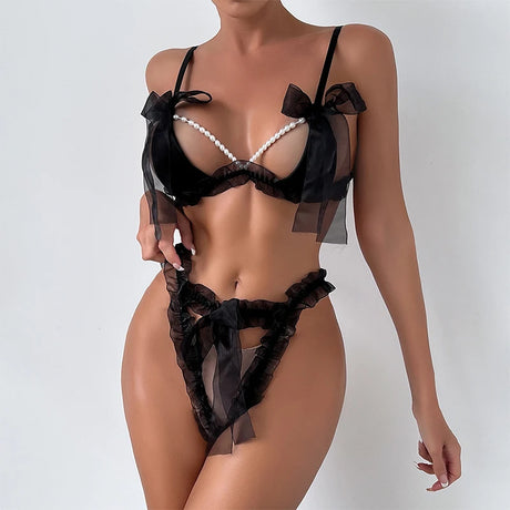 Erotic Lingerie Sexy Bra Pearl Bow Exposed Breast Panty Ribbon Underwear Set Woman Clothing Attractive Open Chest G-string Sets