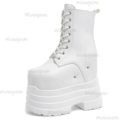Height Increasing Women's High Boots Black Leather Thick Bottom Platform Shoes Side Zip Gothic Punk Short Boots Street Style