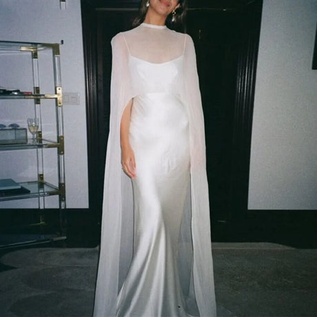 Women Chiffon Capelet Sheer Mesh Bridal Cape Shawl Wraps Asymmetrical High Low Flowy Wedding Party Cover Up Poncho