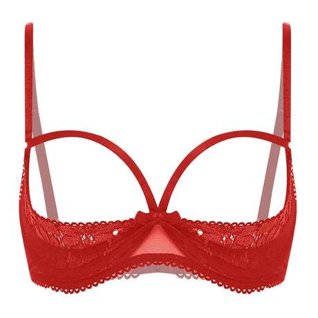 Womens Sexy Cupless Bra Sheer Floral Lace Bra Hollow Out 1/4 Cups Push-up Underwire Bralette Balconette Lingerie Underwear