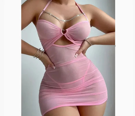 New European cross-border foreign trade sex sexy mesh perspective underwear chain nightdress thong set