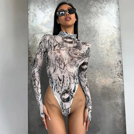 Fashion Tie Dye Printing One-Piece Romper Sexy Women Long Sleeve Bodysuits Streetwear Y2k Bottoming Tops Clubwear O-Neck T-Shirt
