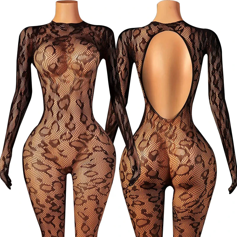 Sexy Crotchless Lingerie Women Open Back Teddies Body Suits Mesh See Through Bodystockings Full Sleeve Leopard Print Bodysuits