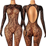 Sexy Crotchless Lingerie Women Open Back Teddies Body Suits Mesh See Through Bodystockings Full Sleeve Leopard Print Bodysuits