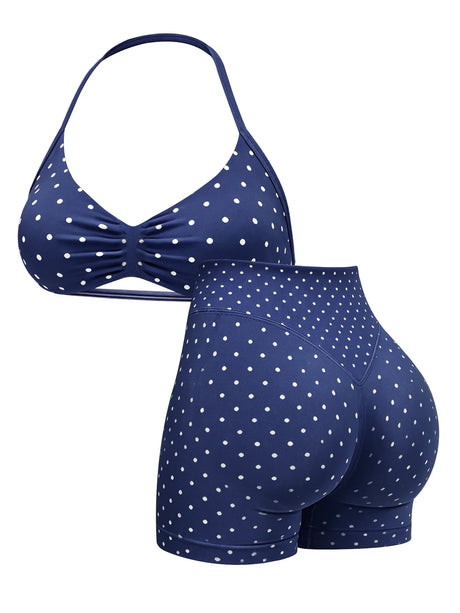Polka Dot Yoga Set Halter Sports Bra High Waist Booty Shorts Push Up Gym Outfit for Running Fitness