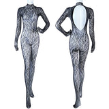 Sexy Crotchless Lingerie Women Open Back Teddies Body Suits Mesh See Through Bodystockings Full Sleeve Leopard Print Bodysuits