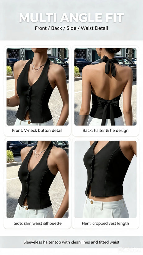 Women Black Halter Neck Button Vest Top Sleeveless V-Neck Slim Fit Back Tie Casual Streetwear Cropped Tank Top