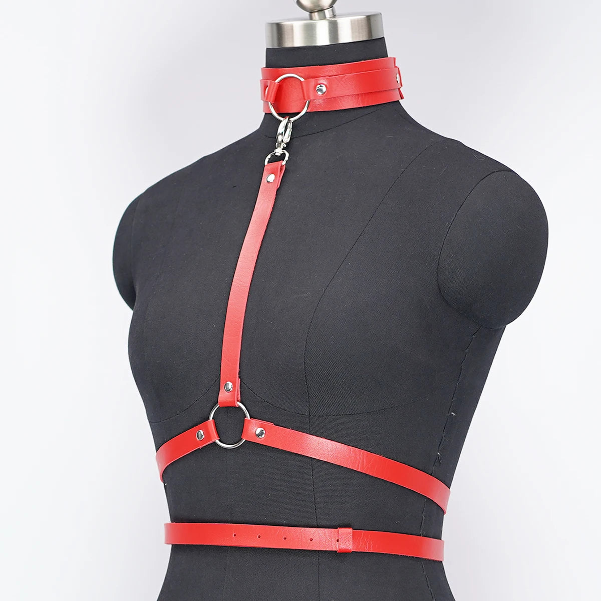 Red Leather Choker Necklace & Body Harness Set - Adjustable Straps, Punk Gothic Style, Waist Belt Jewelry Accessory for Women