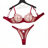 Women Red Embroidery Lingerie Set Sheer Mesh Underwire Bra And Thong Satin Trim Intimate Underwear ZA825287
