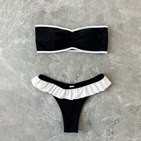Black White Bandeau Bikini Set Ruched Top Ruffle Bottom Women Beach Swimsuit