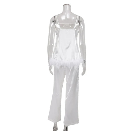 Satin Pajamas With Feathers Sleepwear Women Sets With Pants Black Spaghetti Strap Home Suit White Trouser Suits 2022