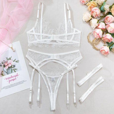 Women's Pink Floral Lace Sheer Lingerie Set See-Through Push-Up Bra Waist Cincher with Garter Belt Thong Intimate Erotic Outfits