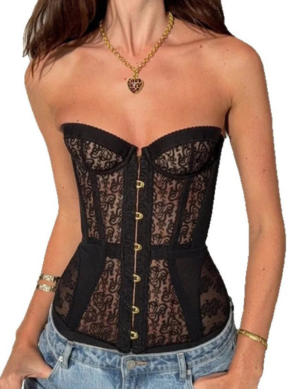 Spicy Girl Sexy Tight Corset Sexy Lace Hollow Out Sleeveless Strapless Tube Top 2026 Summer Fashion Women Street Trendy Tanks