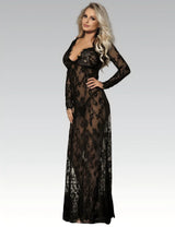 Eyelash Lace Long Sleeve Maxi Nightdress for Women Sexy Deep V Sleepwear with Thong Plus Size