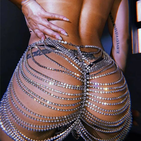 Sexy Rhinestone Skirt Bikini Outside Match Hollow Chain Hip Accessories Nightclub Stage Performance Clothes Female
