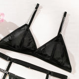 New Sexy Ultra-thin Mesh Bralette And Thongs See-through Metal Chain Decoration 4 Pcs Sexy Lingerie Set Female Underwear