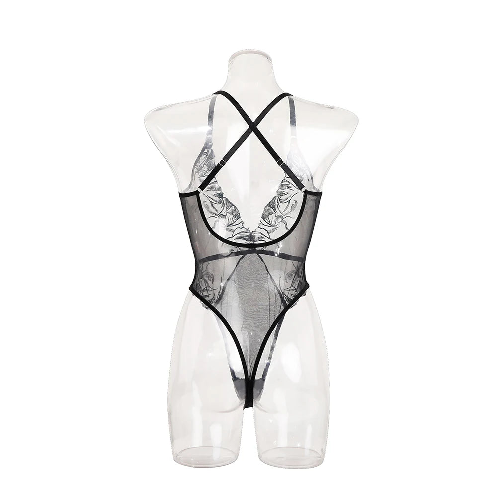 Lace Embroidery See Through Sexy Seductive Shapewear Bodysuit，Women's sexy dressing gowns, exotic costumes, erotic lingerie