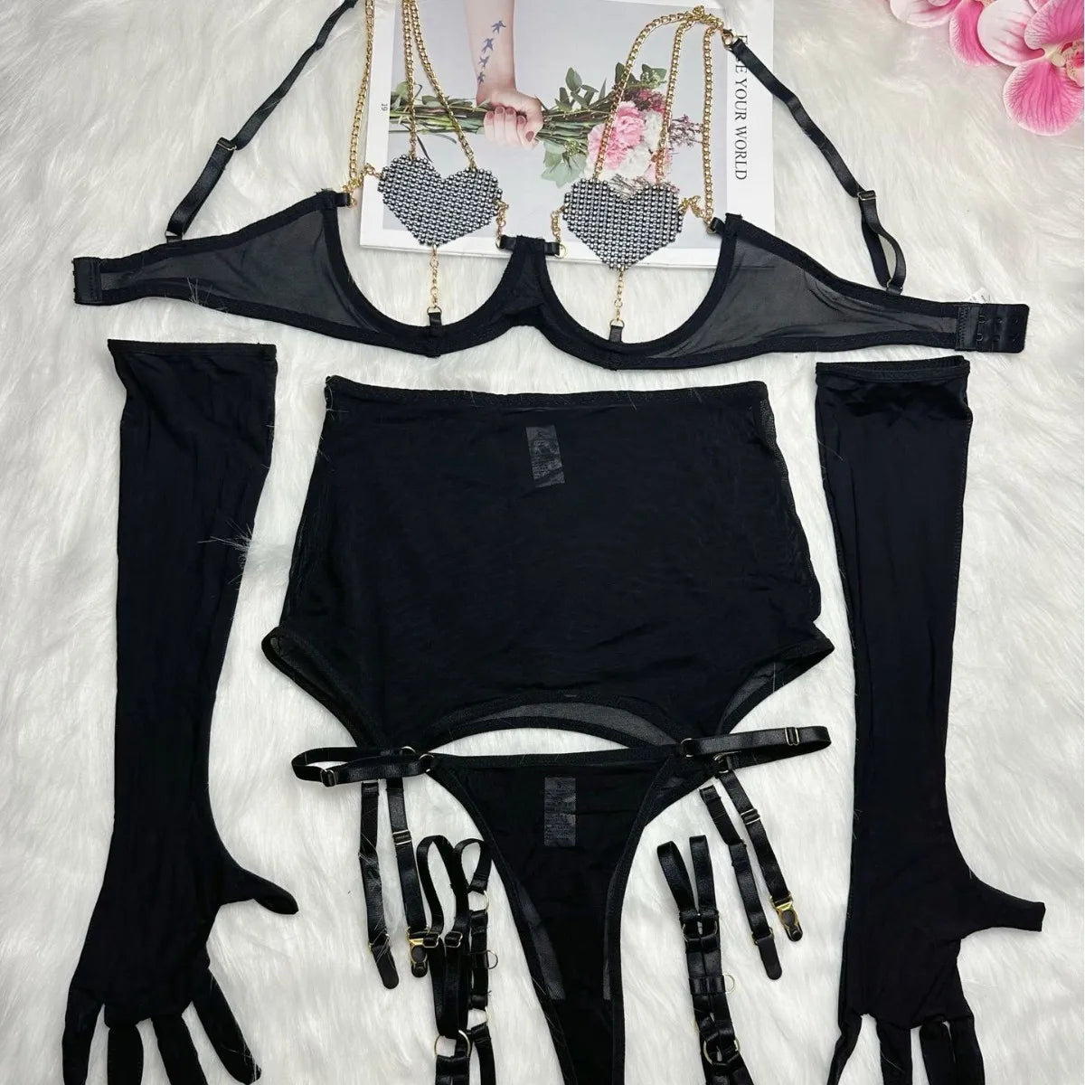 Women Red Rhinestone Heart Lingerie Set with Underwire Bra High Waist Garter Belt Thong and Long Gloves Party Outfit