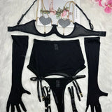 Women Red Rhinestone Heart Lingerie Set with Underwire Bra High Waist Garter Belt Thong and Long Gloves Party Outfit
