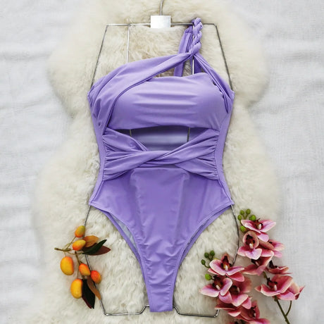 Sexy One Piece Swimsuit One Shoulder Solid Cut Out Monokini Pattern Women's Swimwear Slimming Bodysuit Women Beachwear 2022