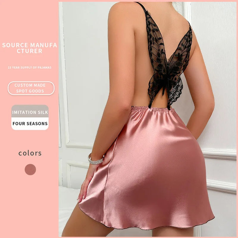 Women's Sexy Backless Sleep Dress Summer Thin Satin Sleeveless Nightgown Casual Home Wear Solid Color Mini Dress