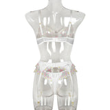 New White Floral Embroidery Fairy Lingerie Sets Transparent Mesh Patchwork Underwear Garter Intimate Panties Erotic Suits