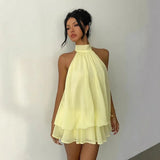 Women Halter Neck Backless Tie Mini Dress Summer Sleeveless Chiffon Ruffle Short Dresses Sexy Club Party Beach Vacation Outfit