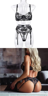 Toucheart 3 Piece Set Sexy Lace Embroidery Bra Set For Women Mesh Patchwork Perspective Sexy Garters Steel Rings Underwear Set