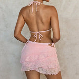 Pink Lace Mini Skirts Cover Ups Swimwear String Halter Triangle 3 Piece Bikini Set Micro Thong Sexy Swimsuit Women 2026 Bikinis