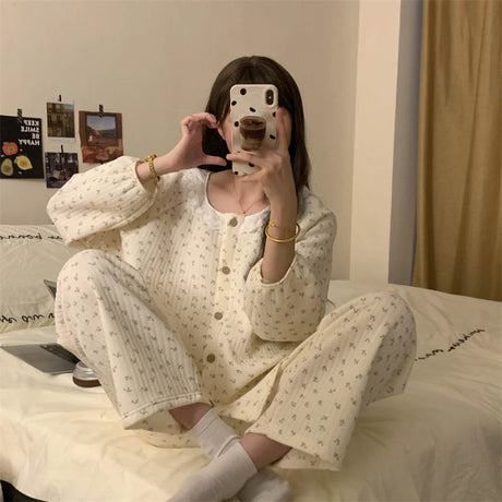 Thickened Air Cotton Sleepwear Set for Women Autumn Winter Polka Dot Home Clothes Korean Style Cute Girl Long Sleeve V-Neck
