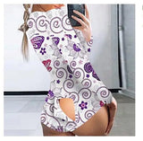 Sexy Pyjama Women's Long Sleeves Homewear Suit Button-Down Front Back Butt Bum Open Ass Flap Jumpsuit Loungewear Christmas Print