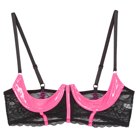 Womens Sexy Open Cup Underwired Bra Patent Leather See-through Floral Lace Brassiere Exposed Nipple Lingerie Underwear Nightwear