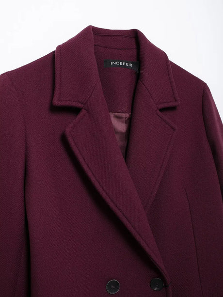 HH Women Fashion Burgundy Coat Double Breasted Long Sleeve Lapel Blends Jacket Autumn Winter High Street Outerwear