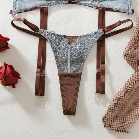 Diccvicc Women's Blue Lace Lingerie Set Brown Underwire Bra Garter Belt Thong Stockings See Through Hot Luxury Fashion Underwear