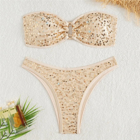Pink Shiny Glitter Mesh Bandeau Bikinis Sets Sexy Swimsuit Woman 2026 Metal Ring Swimwear High Cut Bathing Suit Bikini De Mujer