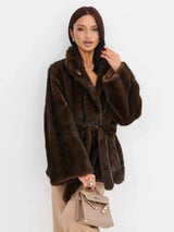 2026 Autumn Winter Women Faux Mink Fur Coat Lapel Collar Belted Long Jacket Luxury Fluffy Outerwear Brown