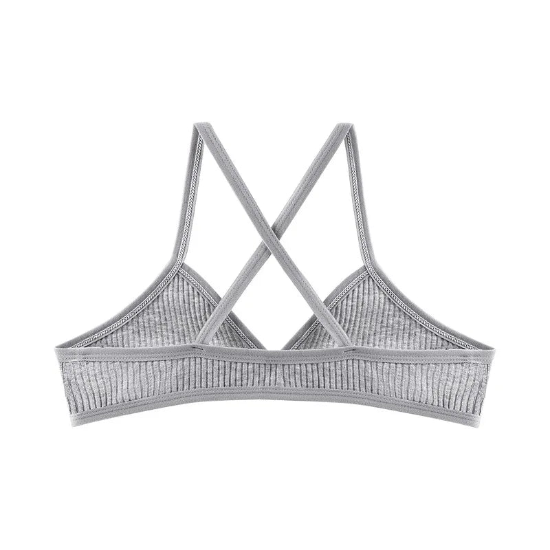 2Pcs/Set Ribbed Cross Back Triangle Bralette Set Women Spaghetti Strap Breathable Daily Bra Wireless Casual Daily Lingerie S-L