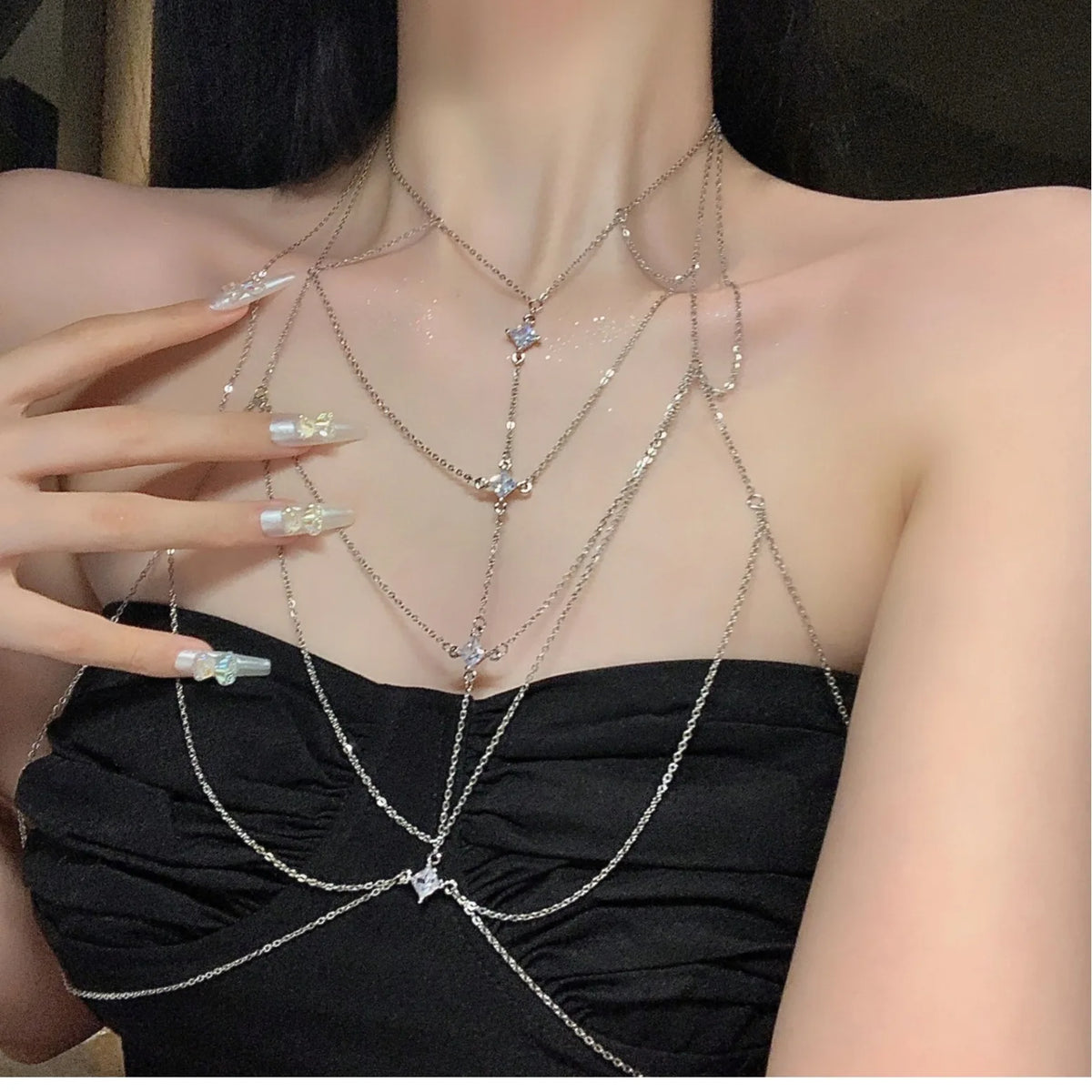 Fashion Square Zircon Chest Chain for Women Personalized Sexy Multi Layer Chain Tassel Body Chain Beach Bikini Jewelry Gift