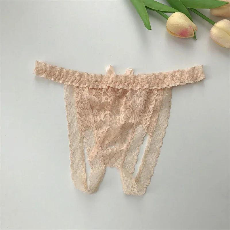 Customized Crystal Name Letters Women's Sexy Breathable Lace Underwear Low Waisted Opening Thong Bikini Erotic G-String Panties