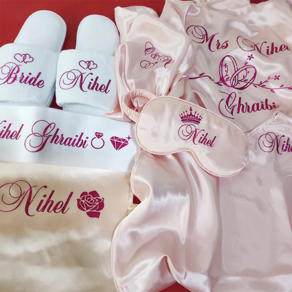 Customized Logo Wedding Date Name Bathrobe Faux Silk Bridal Robe Bride Bridesmaid Wedding Robes Woman Bachelorette Preparewear